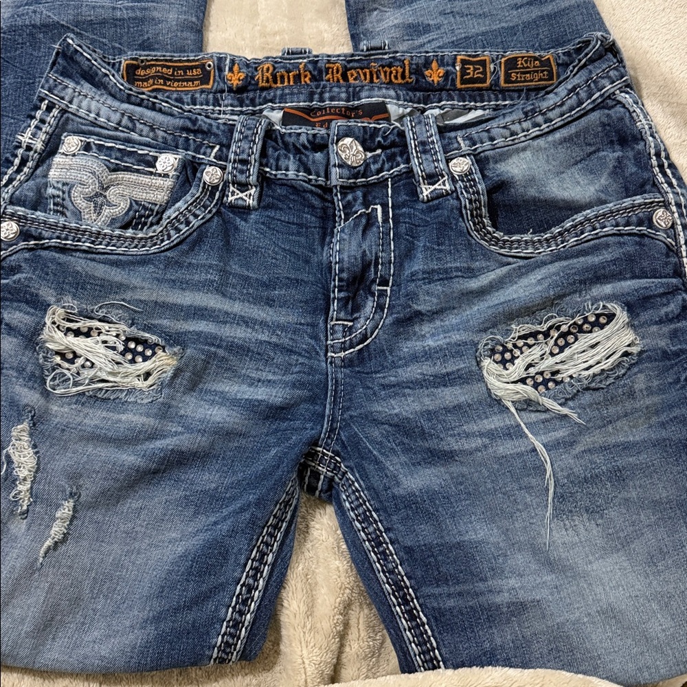 Rock Revival Blue Straight Jeans with Distressed Details